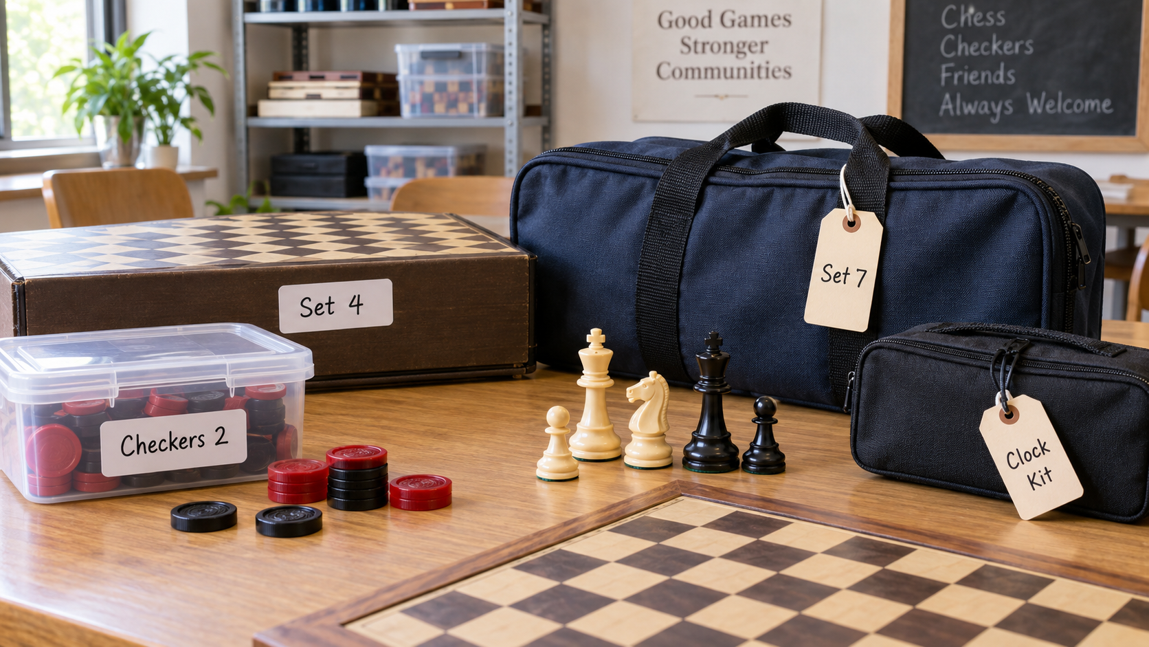 Chess and checkers club equipment with adhesive Set 4 and Checkers 2 labels on rigid containers beside Set 7 and Clock Kit hanging tags on fabric bags