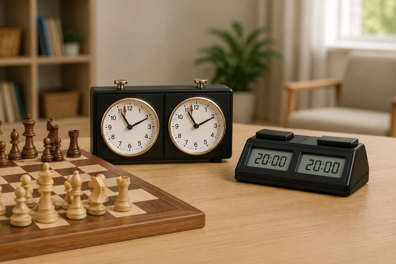 An unbranded analog twin-dial chess clock and a digital dual-display chess clock shown at comparable scale beside a wooden chessboard