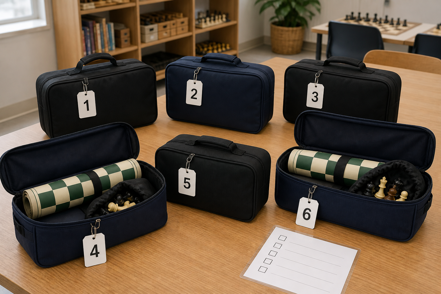 Six black and navy chess equipment bags numbered one through six, with two open to show rolled boards and separate piece pouches beside a blank check-in sheet