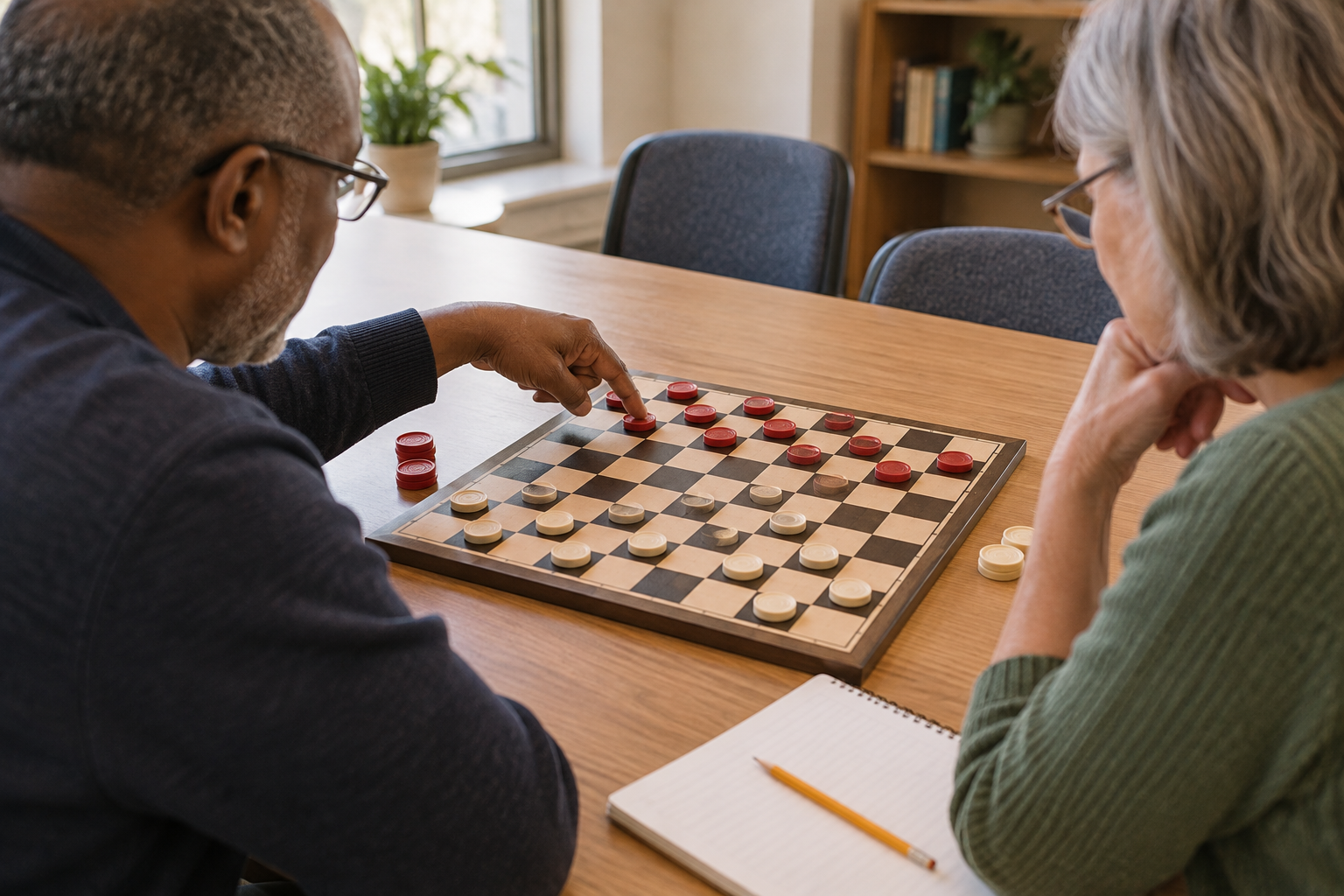 Illustration of an adult beginner and instructor discussing a position on an 8-by-8 checkerboard beside a practice notebook