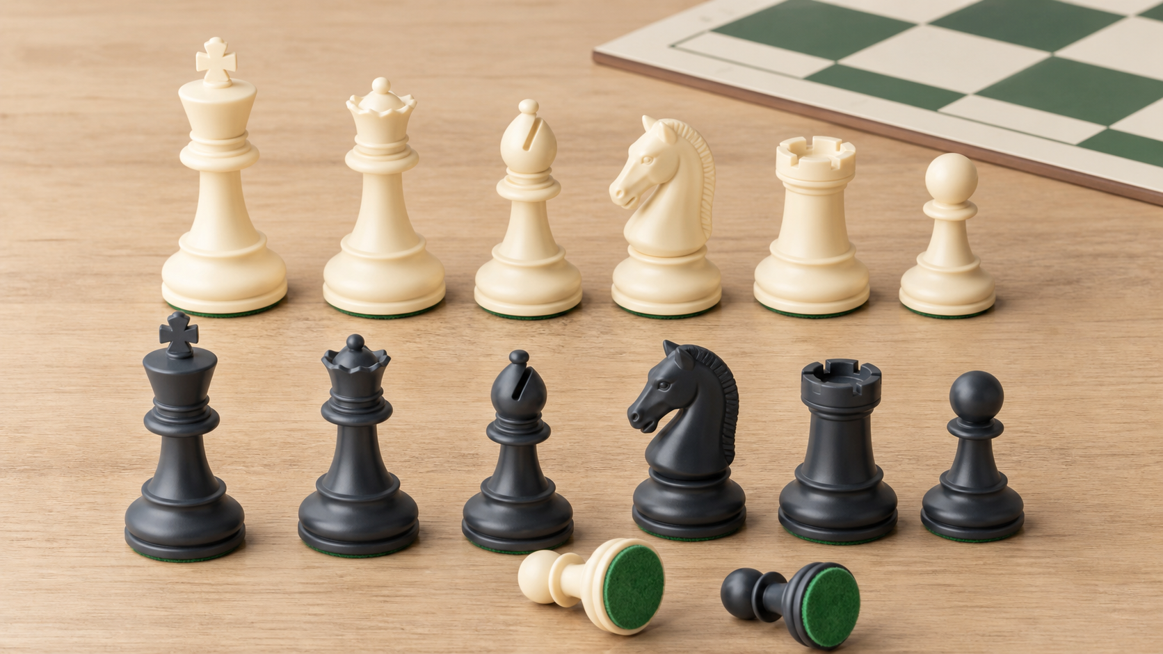 Ivory and charcoal Staunton-style chess pieces with broad felted bases arranged beside a full-size board