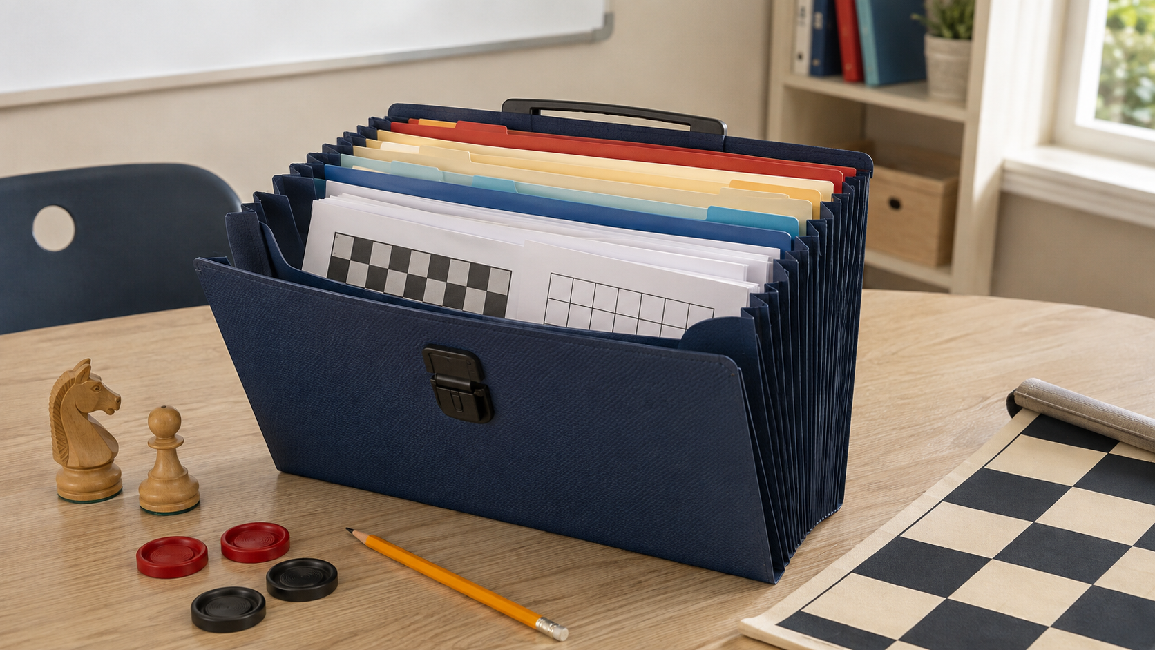 Open navy accordion file holding sorted chess and checkers lesson sheets beside wooden chess pieces, checkers, a pencil, and a roll-up board