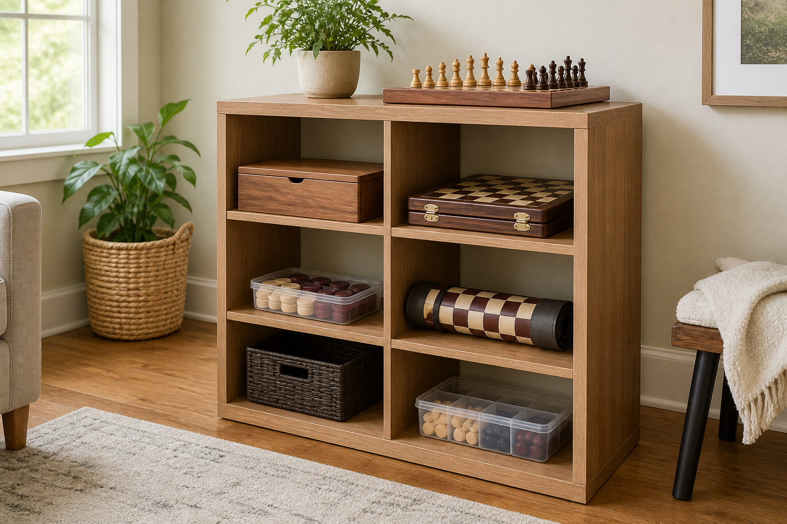 Open wooden shelf storing boxed chess and checkers sets, checker pieces, and a rolled game board with visible space for easy access