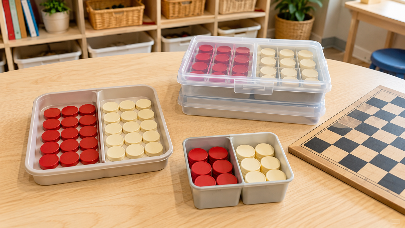 Red and cream checker pieces arranged in a shallow two-color tray, a lidded compartment tray, and a small two-bin classroom organizer beside an 8 by 8 board