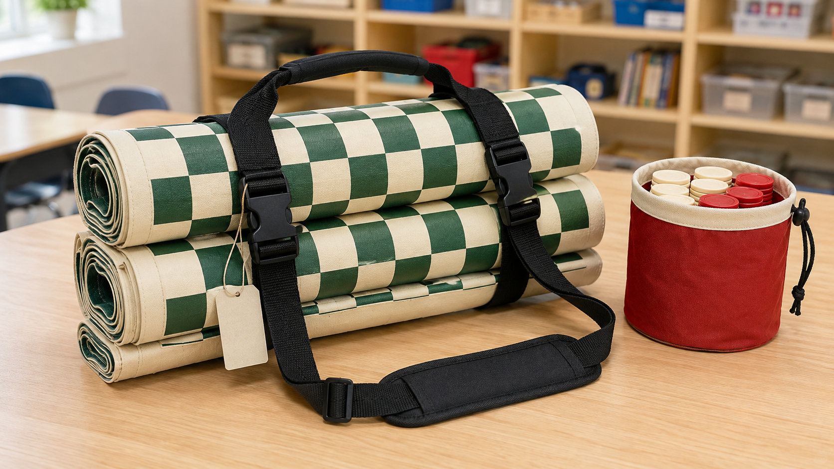 Three rolled green and cream checkers boards secured by two adjustable webbing straps with a handle and shoulder pad beside a separate checker-piece pouch