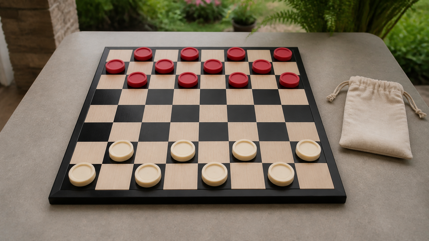 Unbranded tabletop checkers board with contrasting pieces and a storage pouch on a dry covered patio