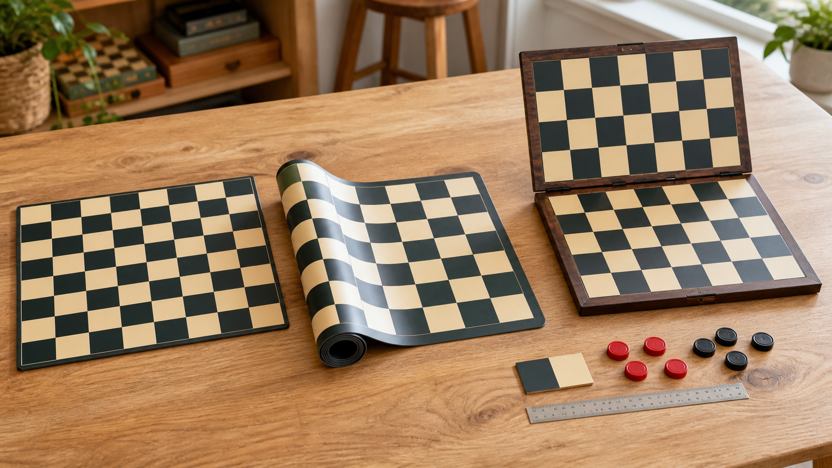 Unbranded flat, roll-up, and folding replacement checkers boards beside a ruler and loose red and black pieces for checking square fit