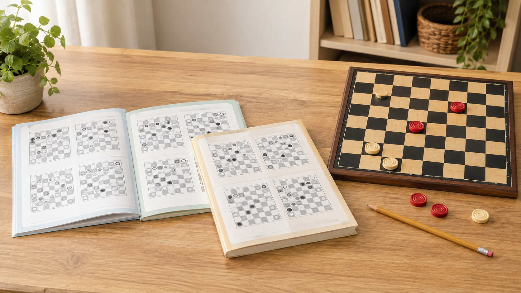 Open generic checkers puzzle workbooks with board diagrams beside an eight-by-eight checkers board, red and ivory pieces, and a pencil on a study table