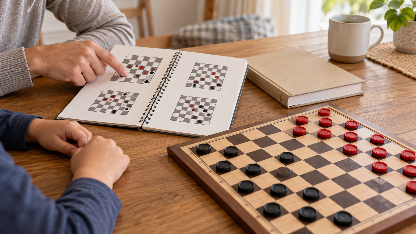 Parent and child using a generic illustrated checkers rules reference beside a checkers board