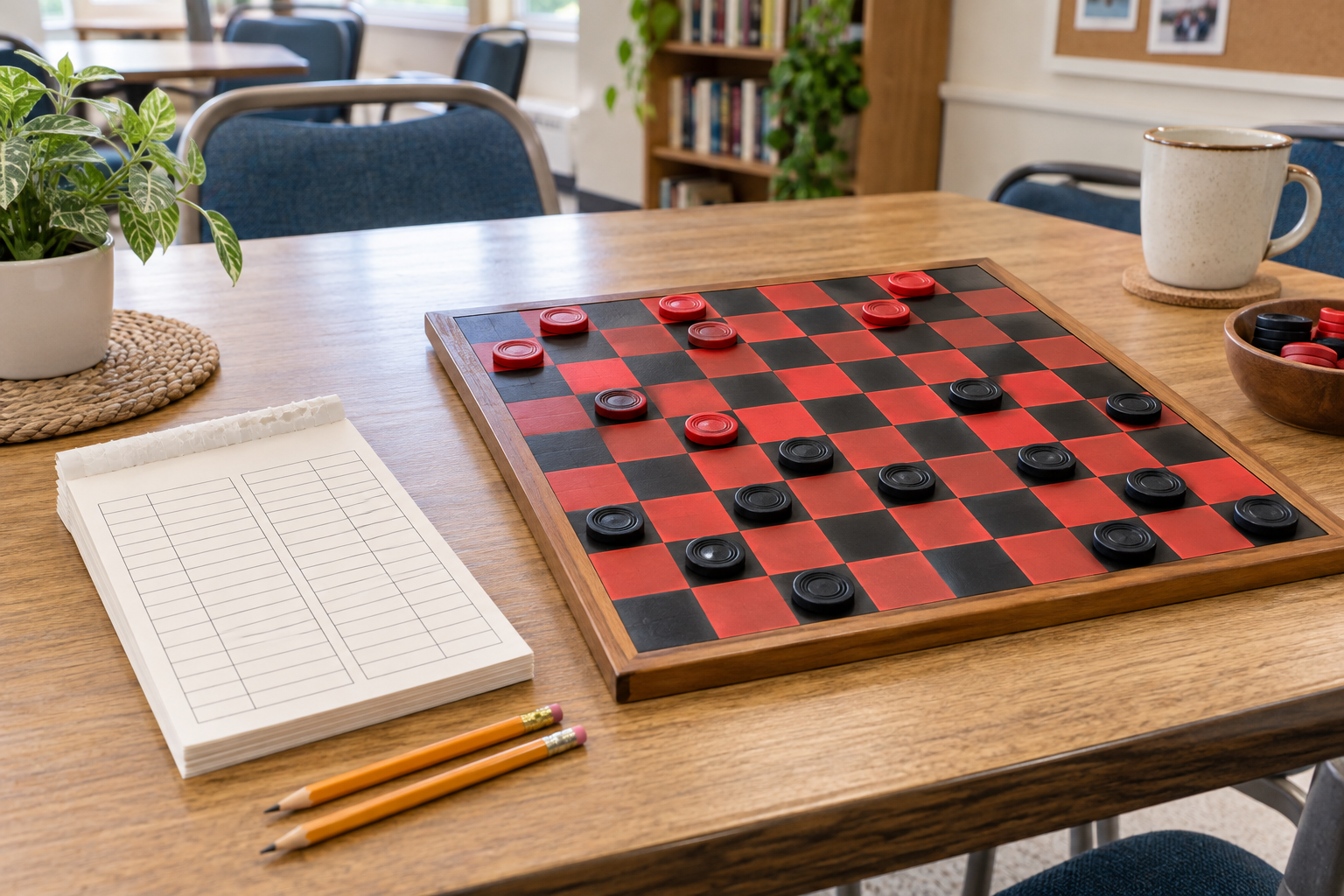 A generic tear-off game-record pad with two pencils beside a red-and-black checkers board in a casual club room