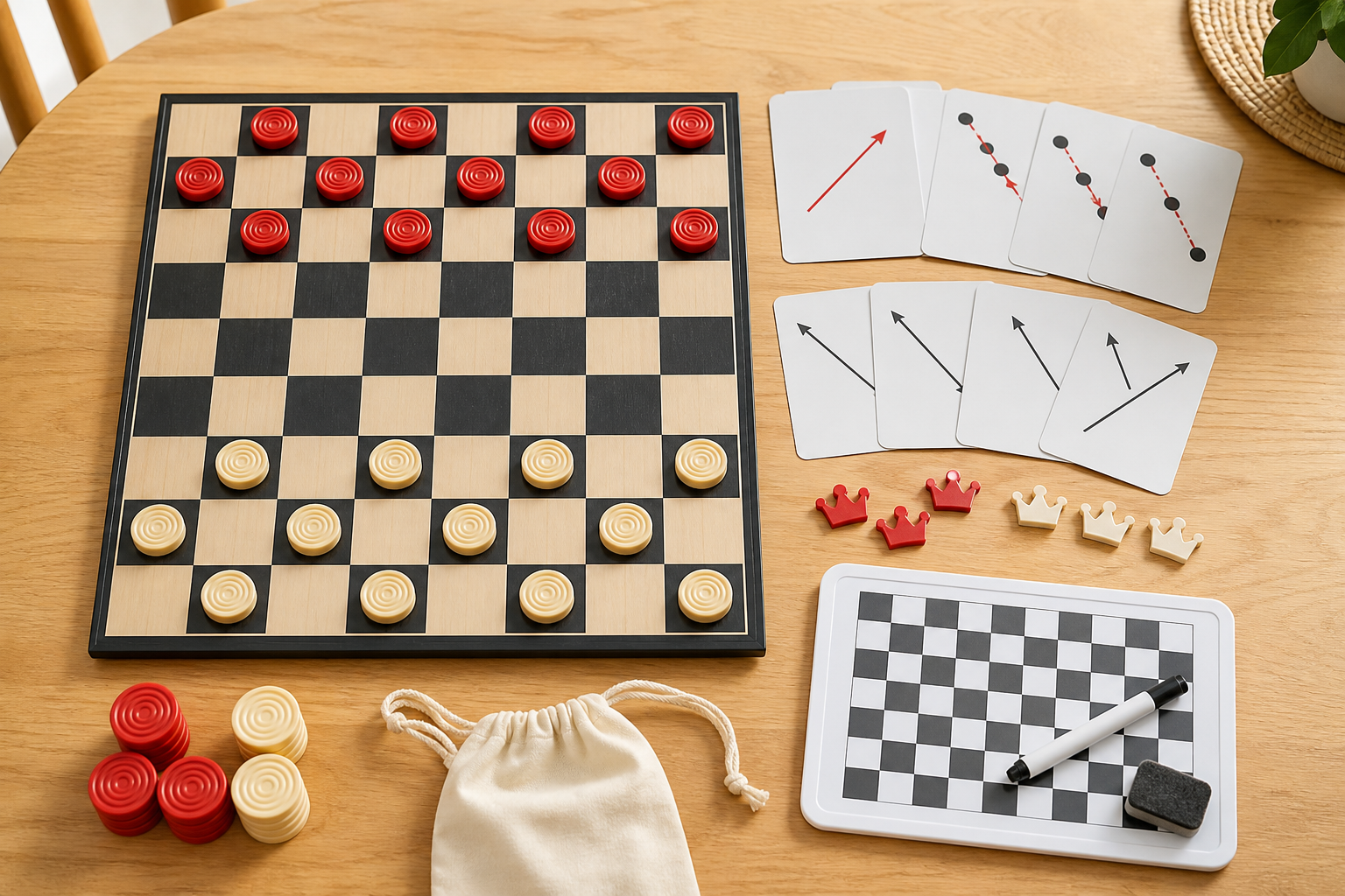 Unbranded family checkers teaching setup with an 8-by-8 board, move cards, king markers, practice board, pieces, and storage pouch