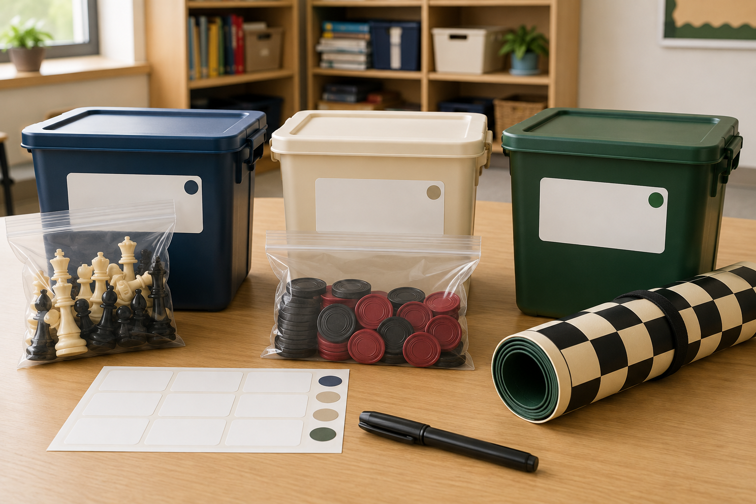 Blank write-on inventory labels beside classroom storage bins, bagged chess pieces, bagged checkers, and a rolled board