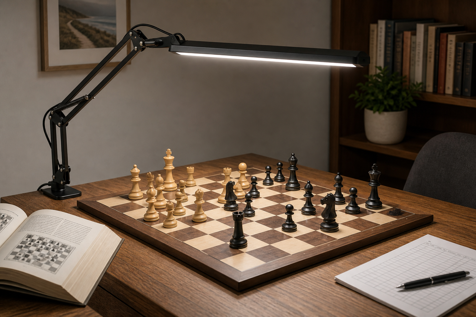 An adjustable black task lamp spreading light across a wooden chessboard, open study book, and score sheet on a home desk