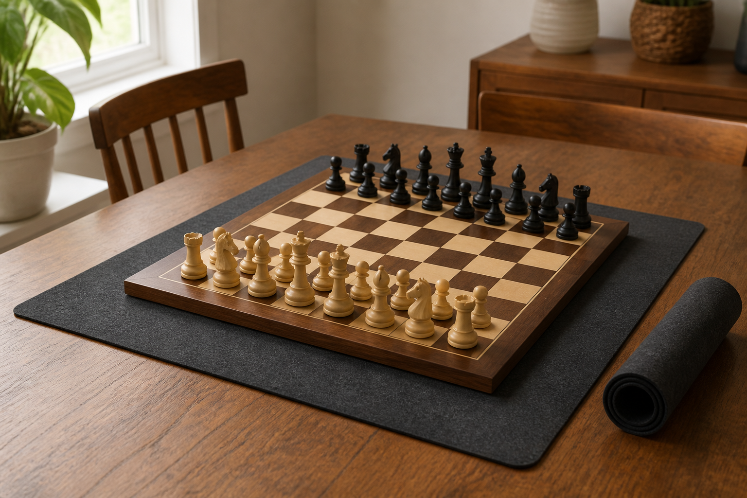 Rigid wooden chessboard and pieces resting on a plain charcoal protective mat that extends beyond the board on a wooden dining table