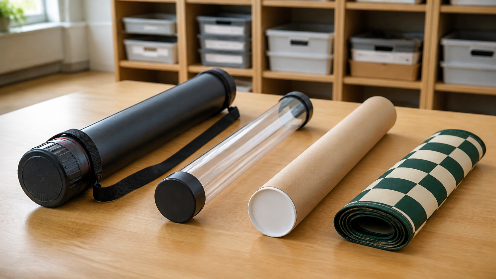 Rigid black, clear plastic, and cardboard storage tubes beside a rolled green and cream chess board for comparing board-only storage