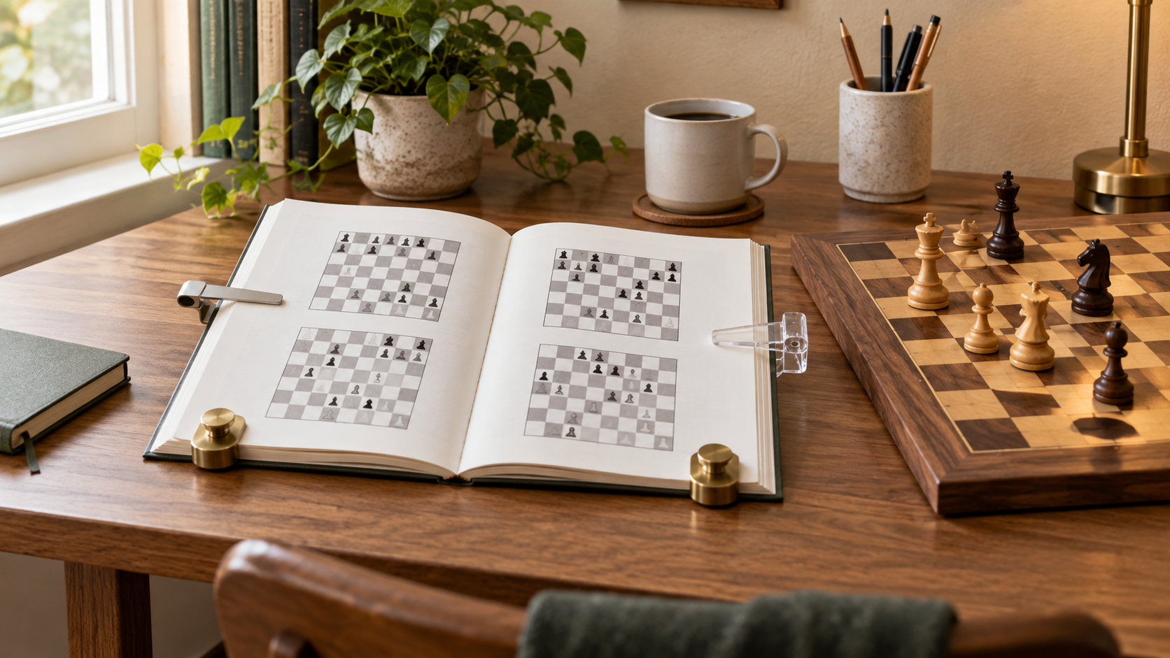 Compact metal clip, clear page restraint, and small page weights holding an open chess study book beside a board on a small desk
