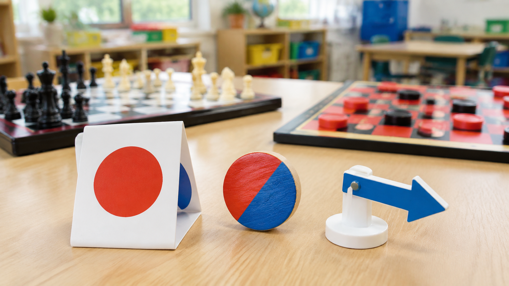 Reversible tent card, two-color wooden token, and freestanding arrow shown as possible turn-marker formats beside separate classroom chess and checkers boards