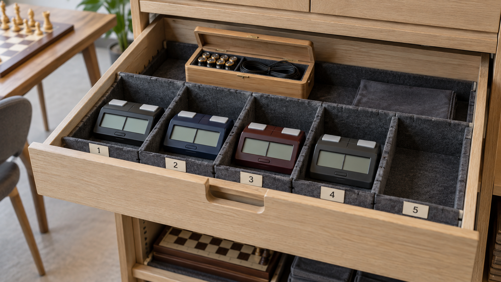 Four generic digital chess clocks separated in numbered padded compartments inside an open club cabinet drawer, with one empty position for easy counting