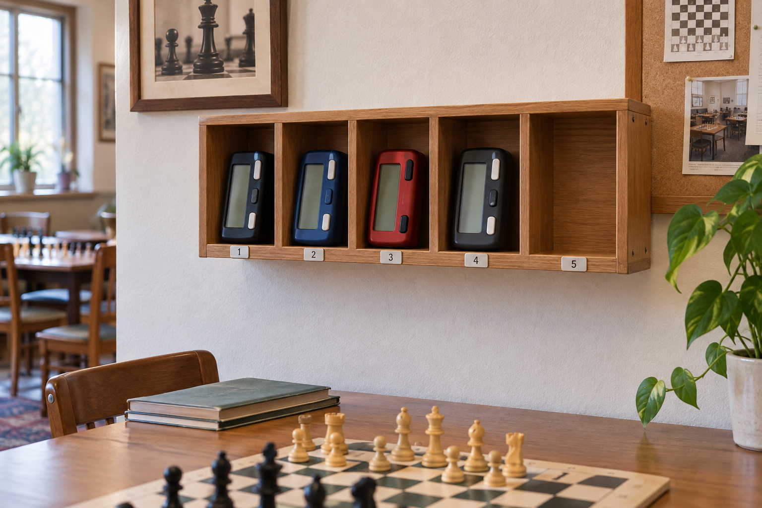 Four unbranded digital chess clocks stored upright in separate numbered wall cubbies, with one empty space showing the inventory count