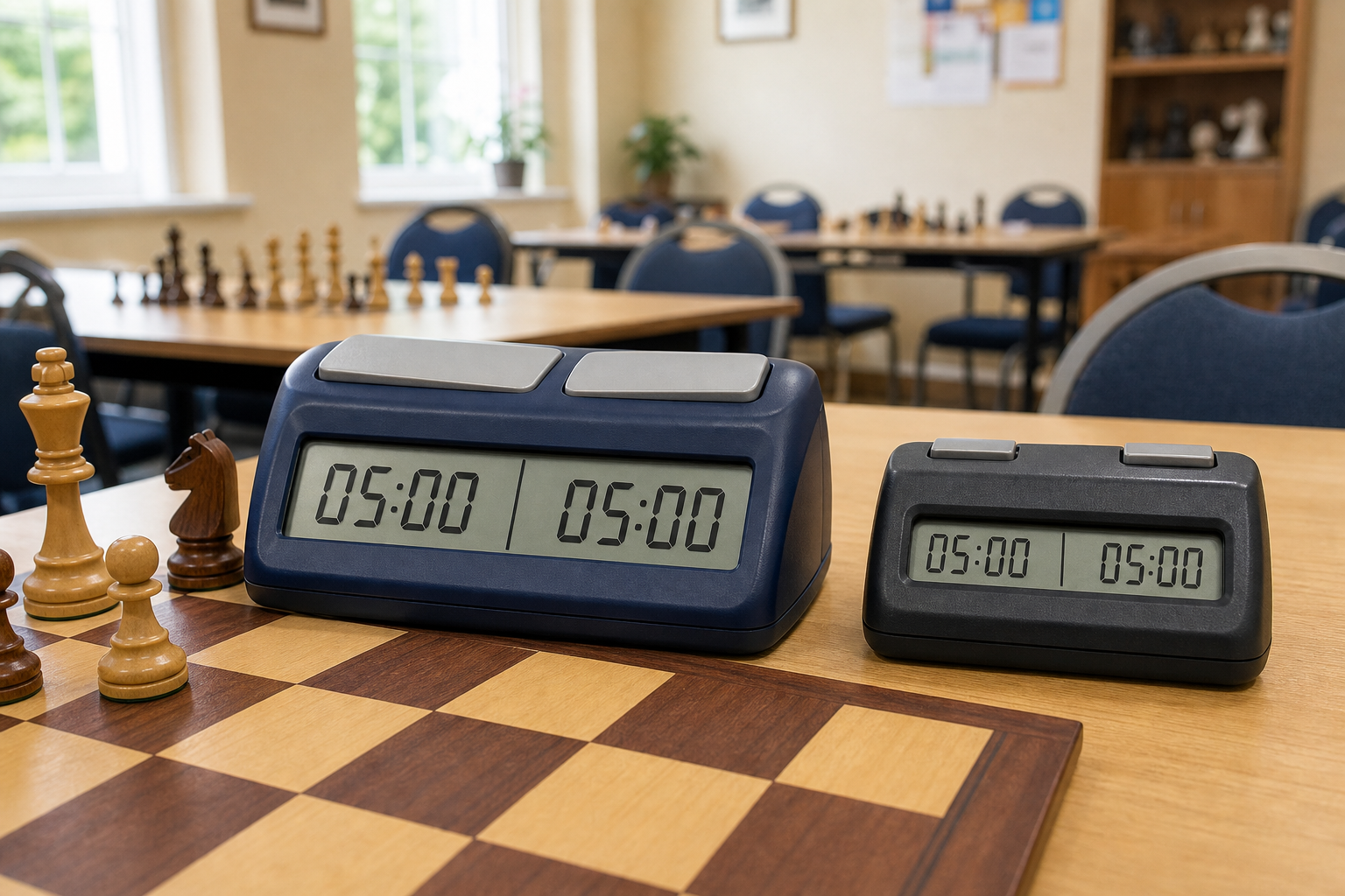 Two unbranded digital chess clocks with different button and display sizes beside a wooden chessboard in a casual club room