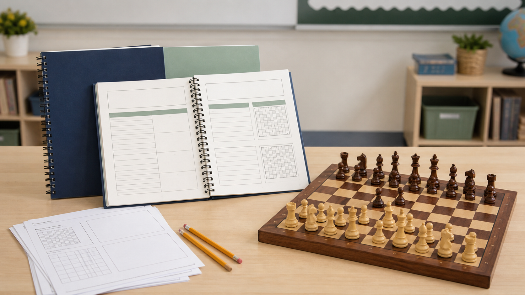 Generic spiral-bound teacher curriculum books open beside chess activity sheets, pencils, and a wooden board in a classroom setup