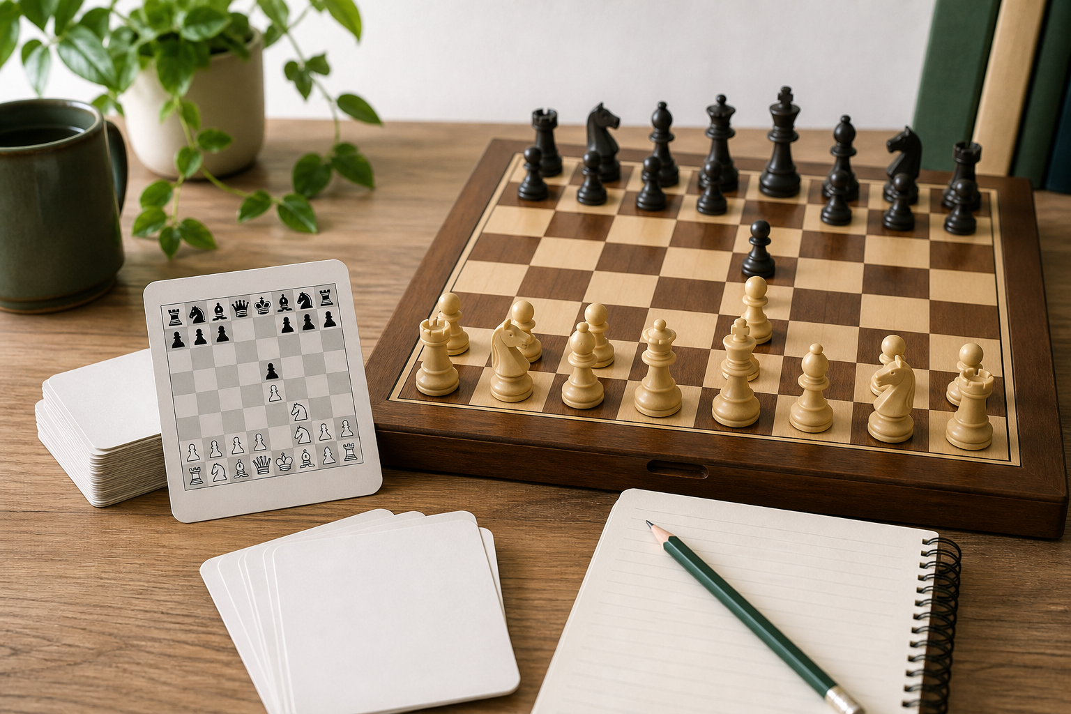Generic chess study flash cards beside a wooden board in an early opening position and a notebook