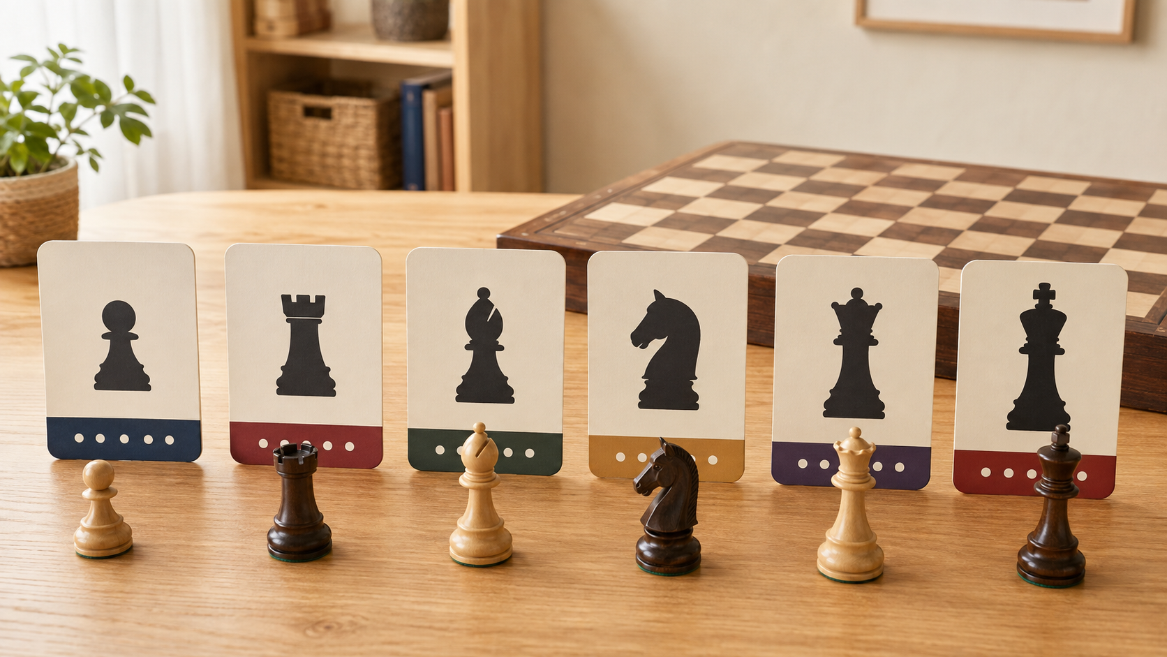 Six unbranded cream chess piece identification cards, each paired with its matching wooden pawn, rook, bishop, knight, queen, or king beside a board