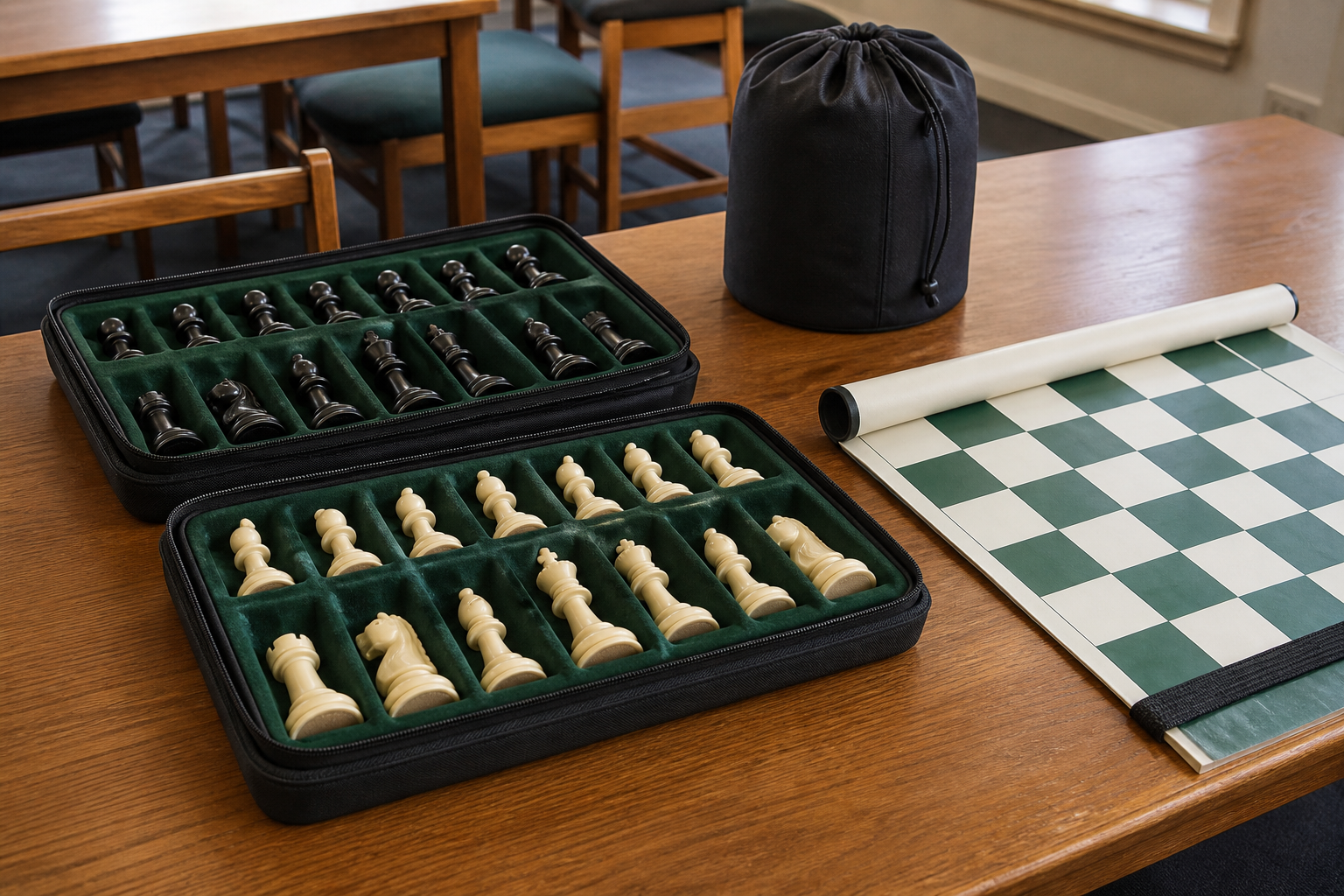 Black and cream tournament-style chess pieces arranged in separate padded storage trays beside a partly unrolled chess board