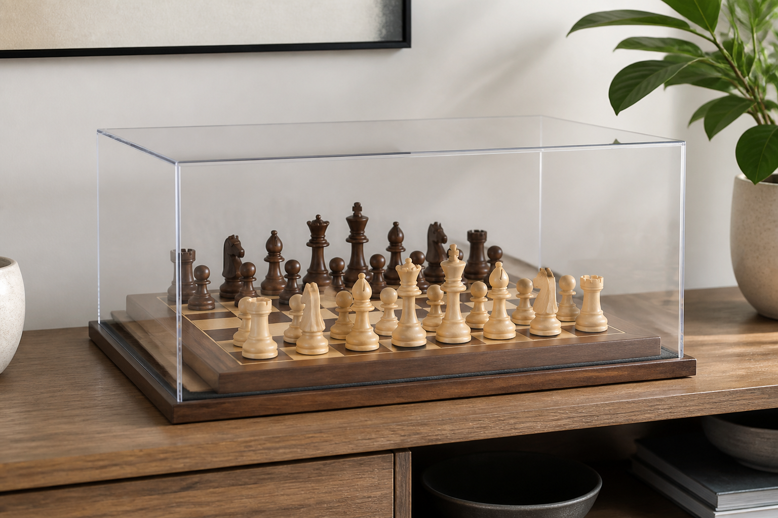 Wooden chess set enclosed by a clear tabletop display case with visible space above the kings and around the board