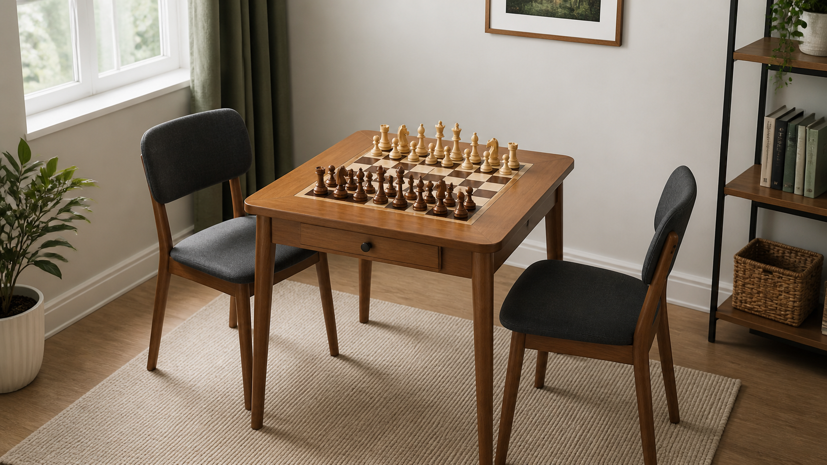 Compact wooden chess table with an inset board, two armless chairs, and visible walking space in a small game-room corner