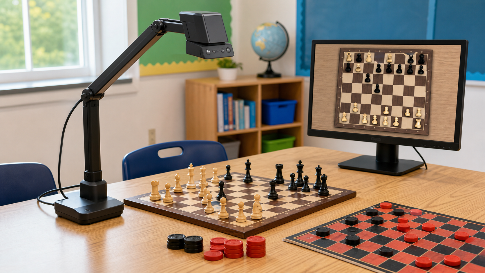 An unbranded articulated document camera above a chessboard, with a checkers board and classroom monitor showing the captured position