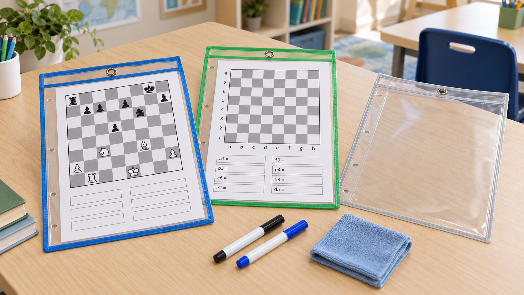 Three clear letter-size dry-erase sleeves holding beginner chess position and coordinate worksheets beside two markers and a cleaning cloth on a classroom table