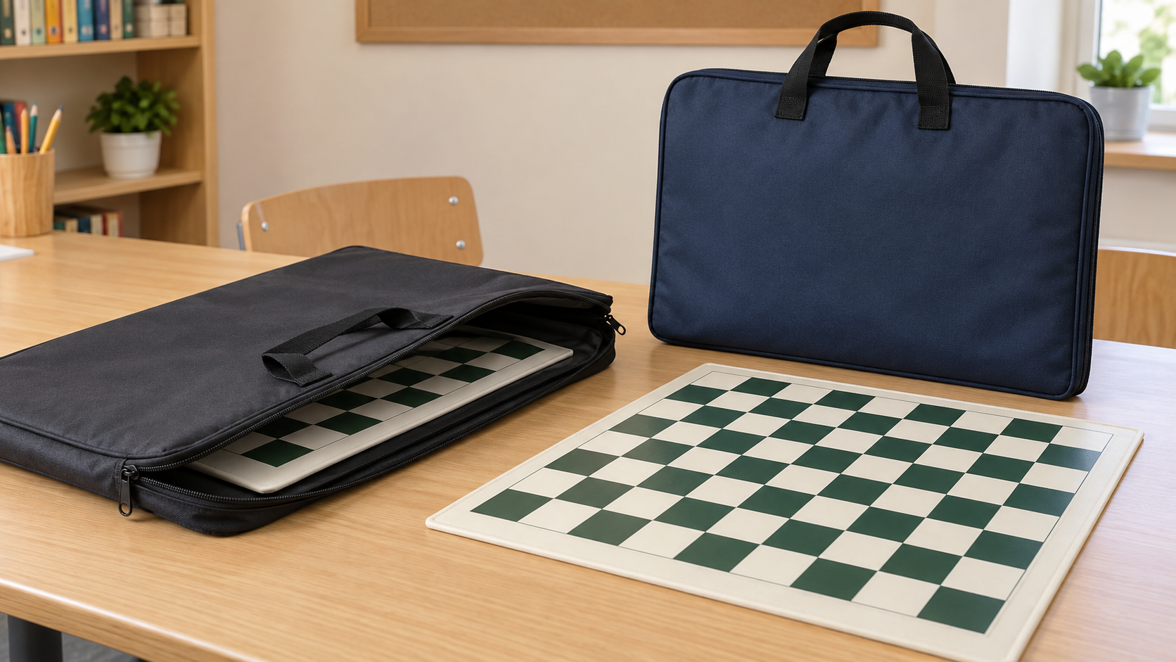 Two unbranded flat zippered portfolios, one open around a thin chess lesson board, on a classroom table