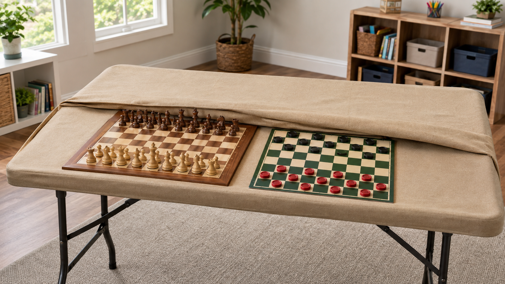 Light tan fabric cover folded back from a rectangular game table to show a wooden chessboard and a green-and-cream checkers board underneath