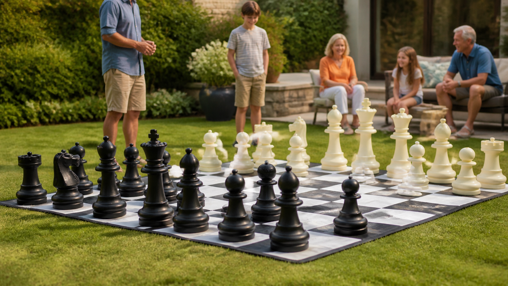 Oversized black and ivory chess pieces on a large outdoor board during a family gathering