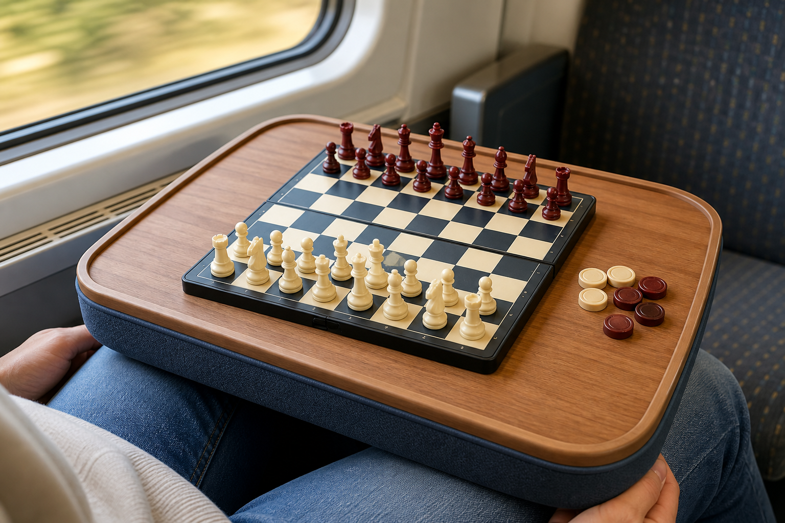 A cushioned wooden lap desk supporting a compact chess and checkers travel board on a train seat