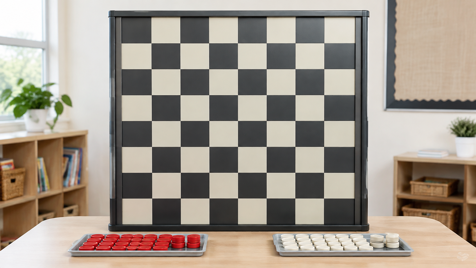 Large empty eight-by-eight magnetic checkers teaching board with contrasting red and ivory magnetic discs organized in trays for a group lesson