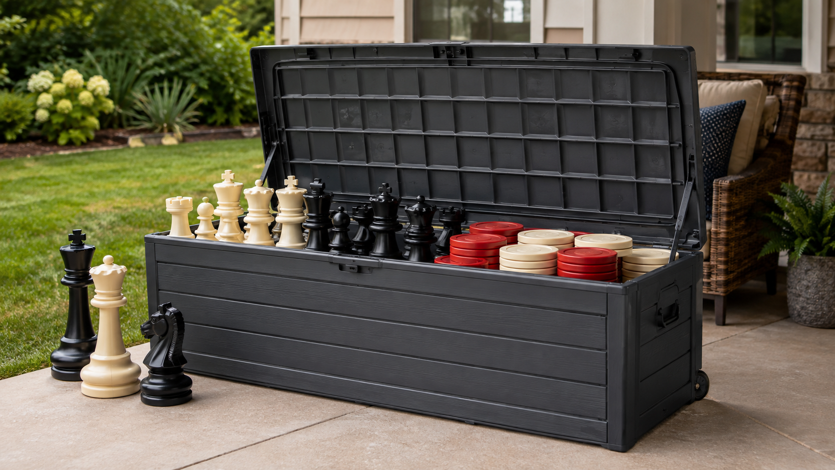 Open charcoal deck box holding oversized chess pieces and large red and cream checkers on a covered patio