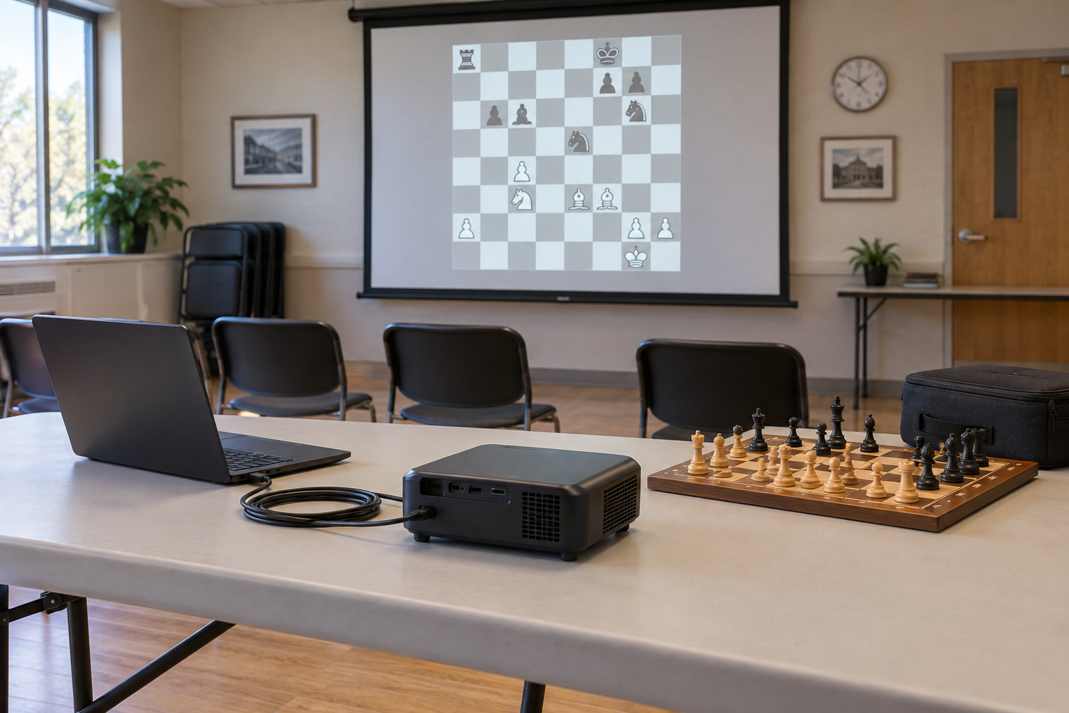 Unbranded compact projector connected to a laptop beside a chessboard and padded case in a borrowed community room
