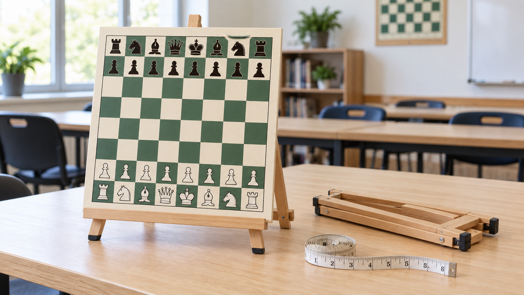 Wooden tabletop easel supporting an 8-by-8 chess lesson board beside a folded easel and measuring tape for checking fit and storage