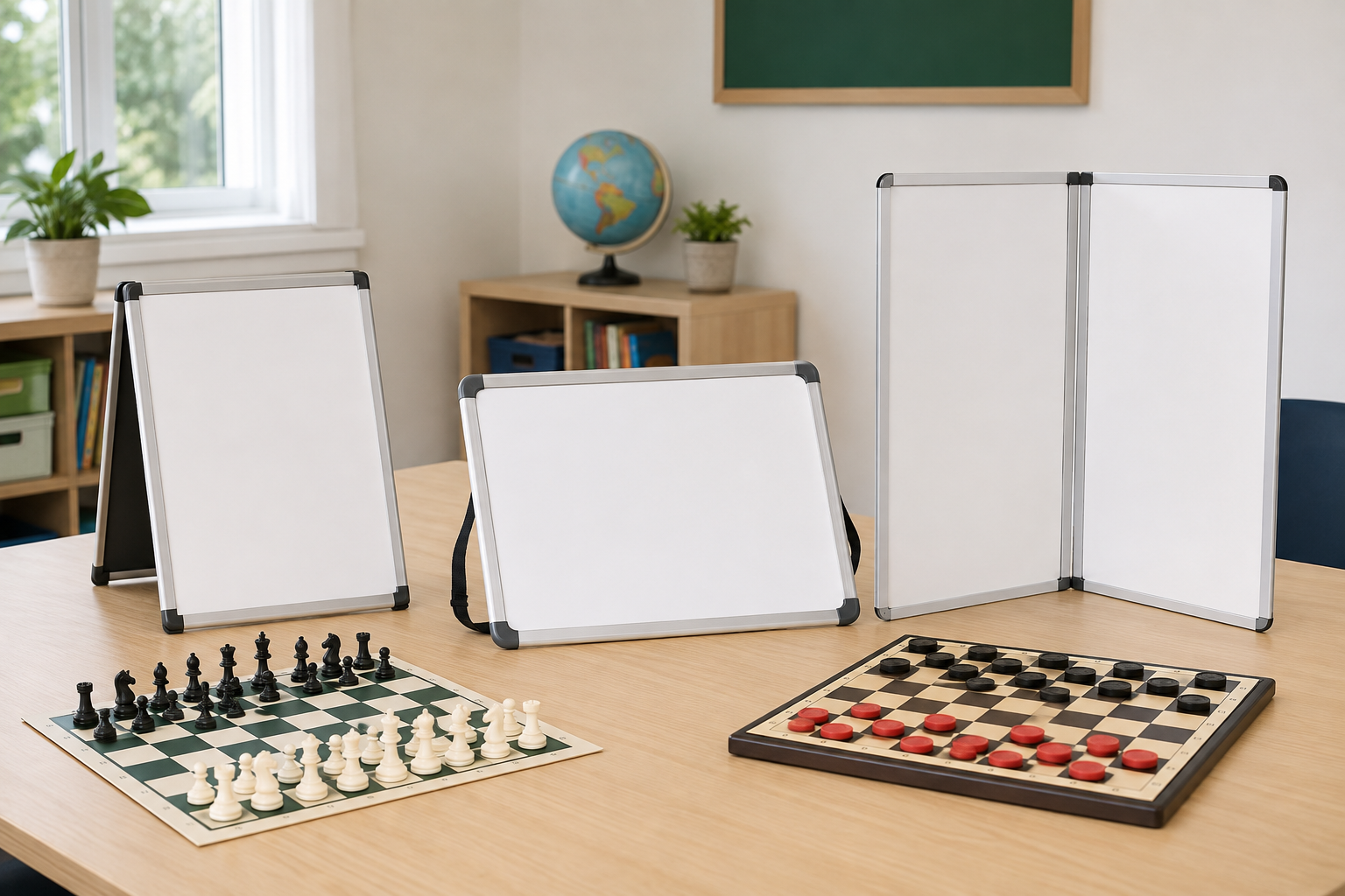 A tabletop easel whiteboard, lap-size whiteboard, and folding presentation whiteboard beside separate chess and checkers boards in a bright classroom