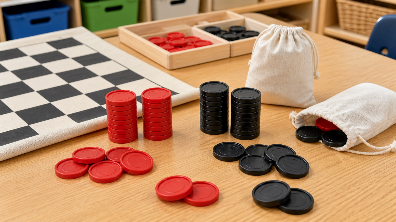 Unbranded red and black replacement checkers sorted by color beside a classroom checkers board, trays, and storage pouches