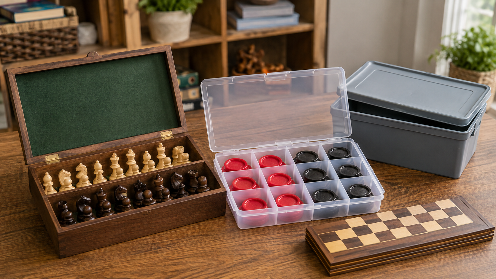 Open fitted wooden chess box, clear divided checkers box, and plain lidded storage bin beside a folding game board