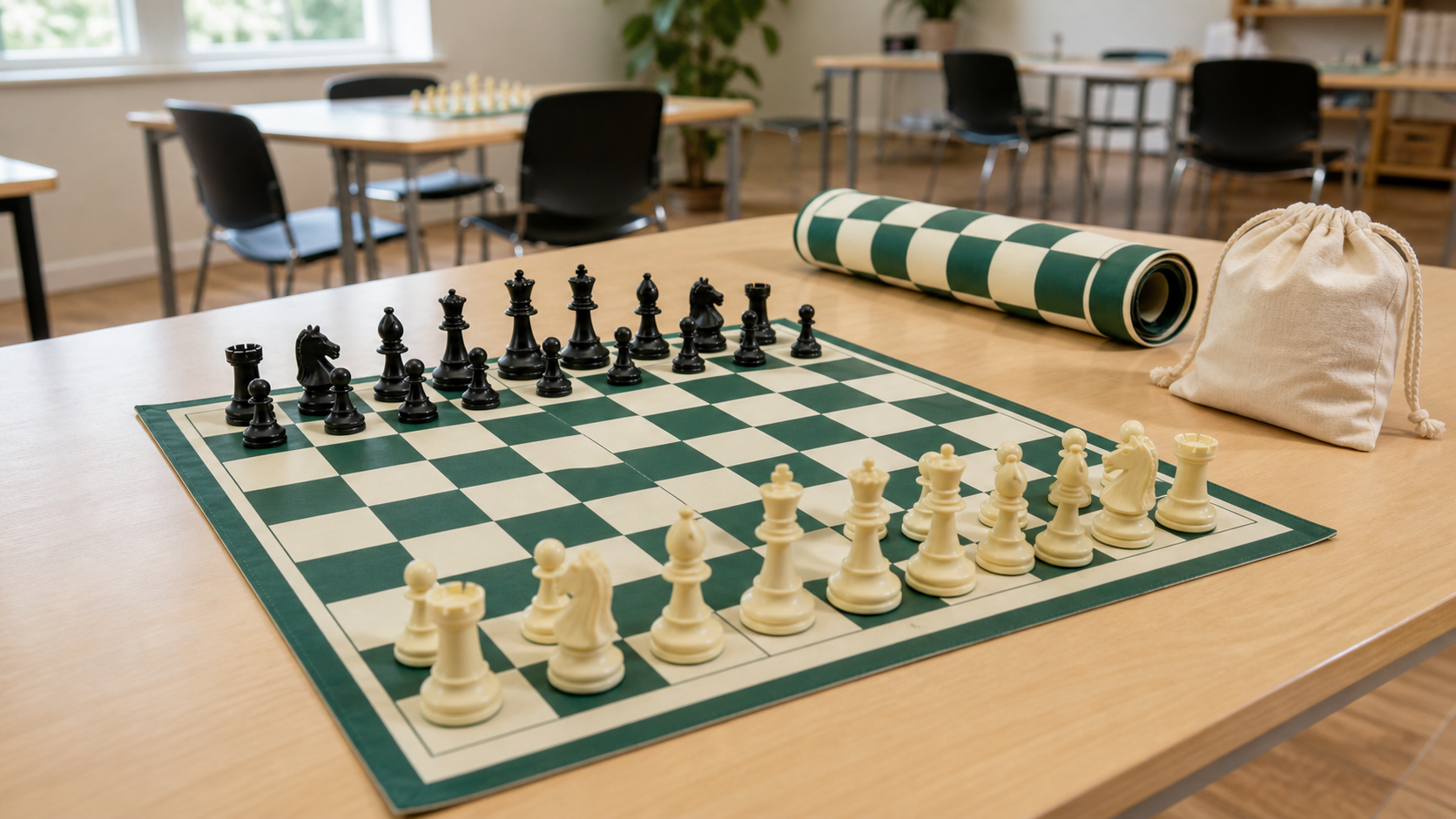 Unbranded green and ivory vinyl chess board with readable club pieces, a rolled spare board, and a drawstring storage bag in a bright club room