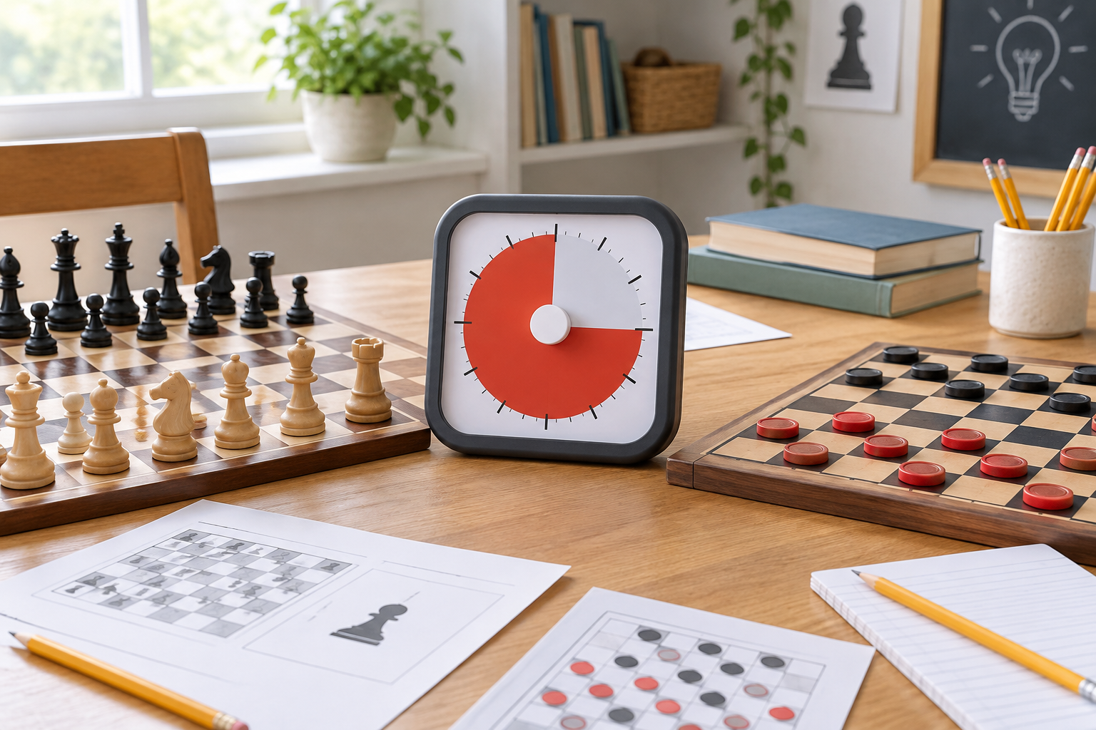 Unbranded visual countdown timer between a chess board and a checkers board, showing a shared lesson-timing setup