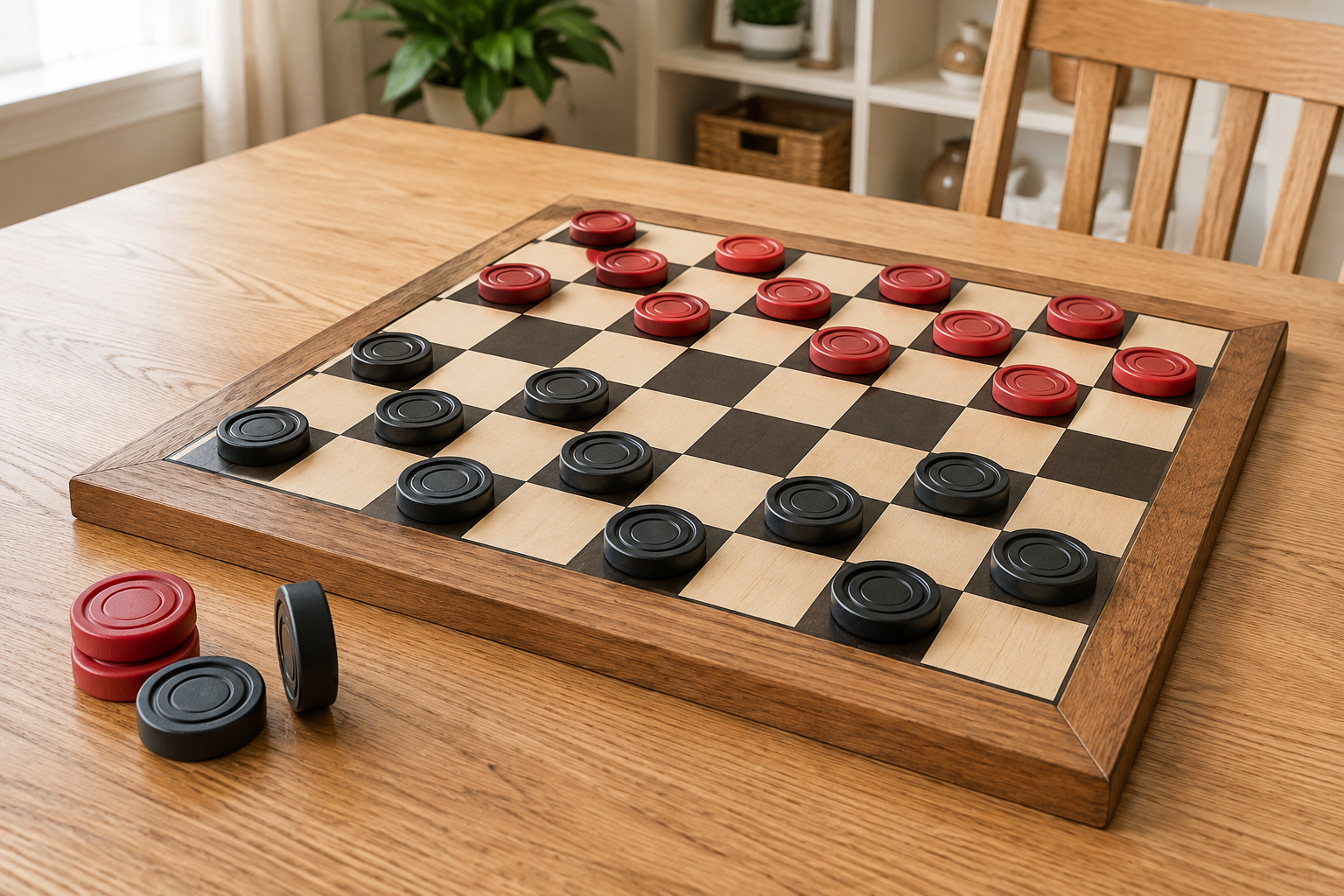 Substantial red and black checkers on a family board, with spare pieces showing thickness and two stacked pieces marking a king