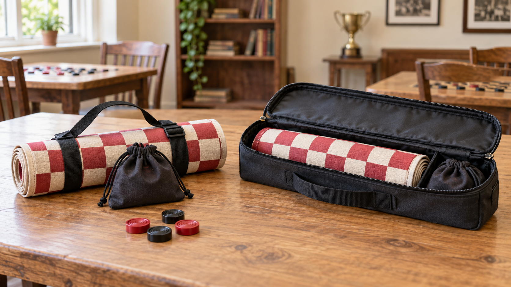 A red and cream roll-up checkerboard secured by a black carrying strap with a separate checker pouch beside a full zippered bag containing a rolled board and piece pouch