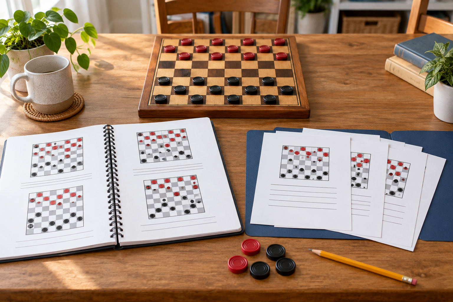Open spiral checkers lesson book beside loose diagram worksheets, a pencil, red and black pieces, and an 8-by-8 board for beginner group practice