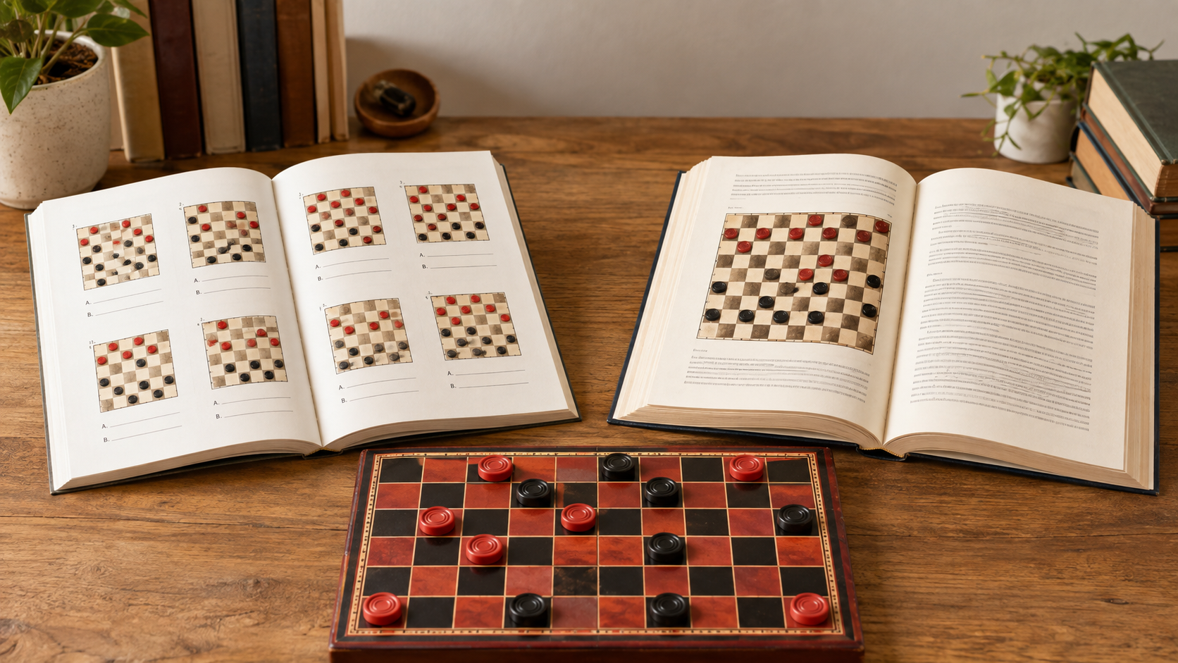 An open generic checkers puzzle workbook with several positions and an open strategy book with a larger diagram beside a physical red-and-black checkers board