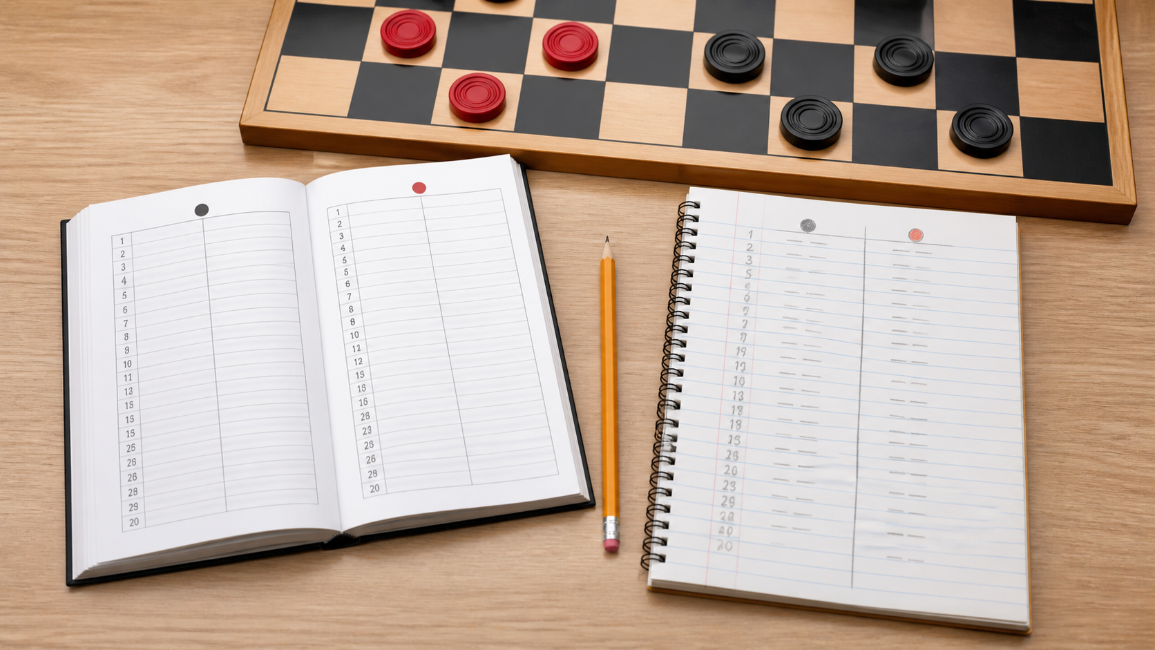 An open purpose-made game scorebook and a ruled spiral notebook with hand-drawn move columns beside a checkers board, showing the layout choice for club records